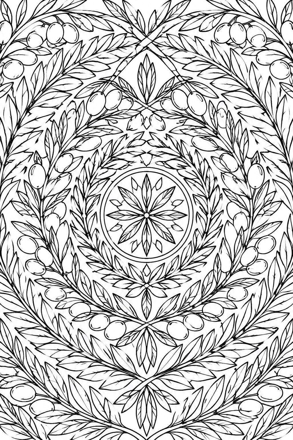 Intricate black and white mandala of olive branches, leaves, and fruits in symmetrical pattern.