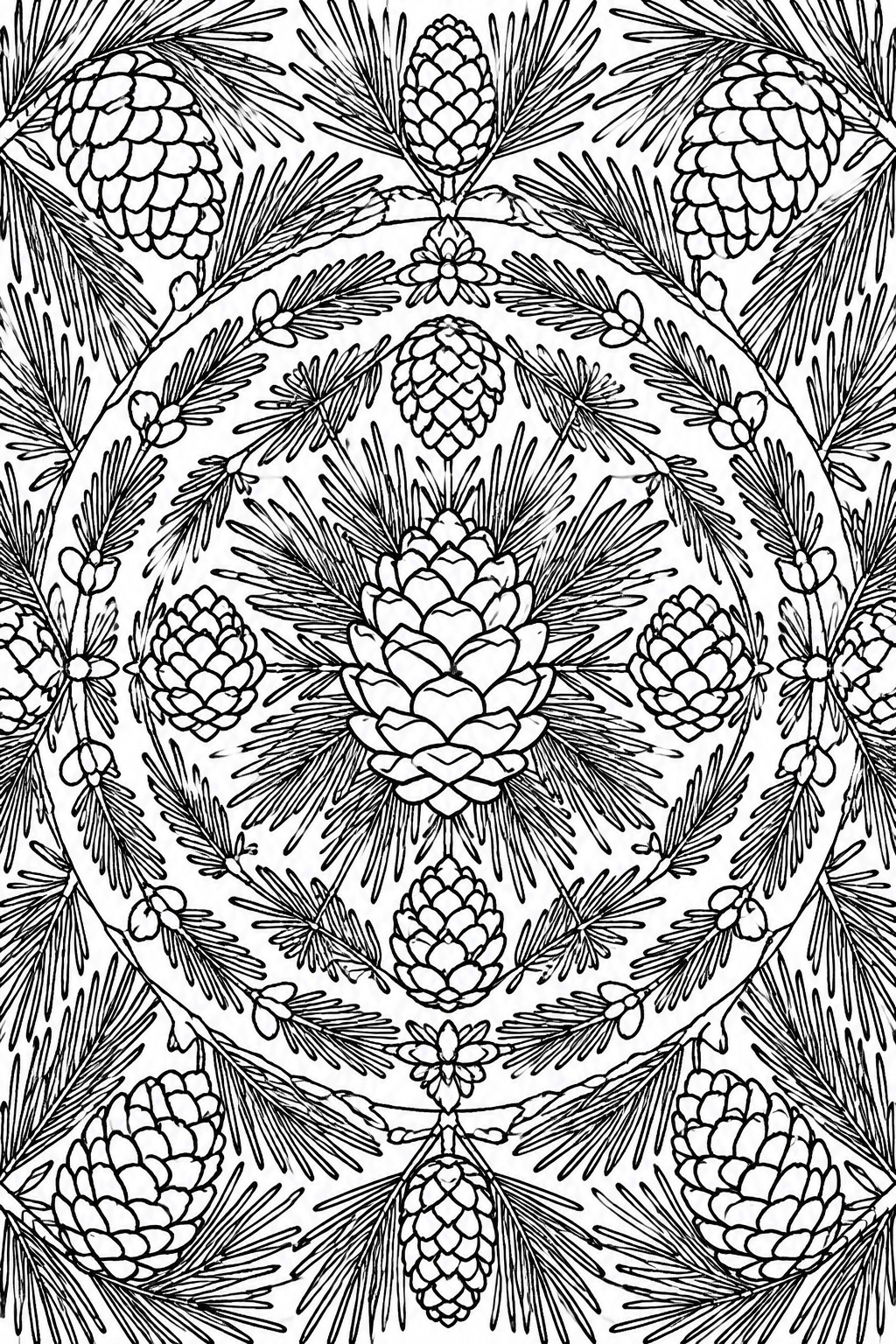 Intricate black-and-white mandala of pine cones and evergreen branches in line art