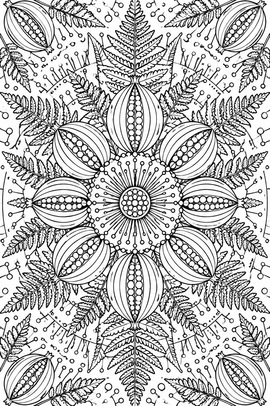 Intricate black-and-white mandala with ferns, seed pods, and geometric floral patterns.