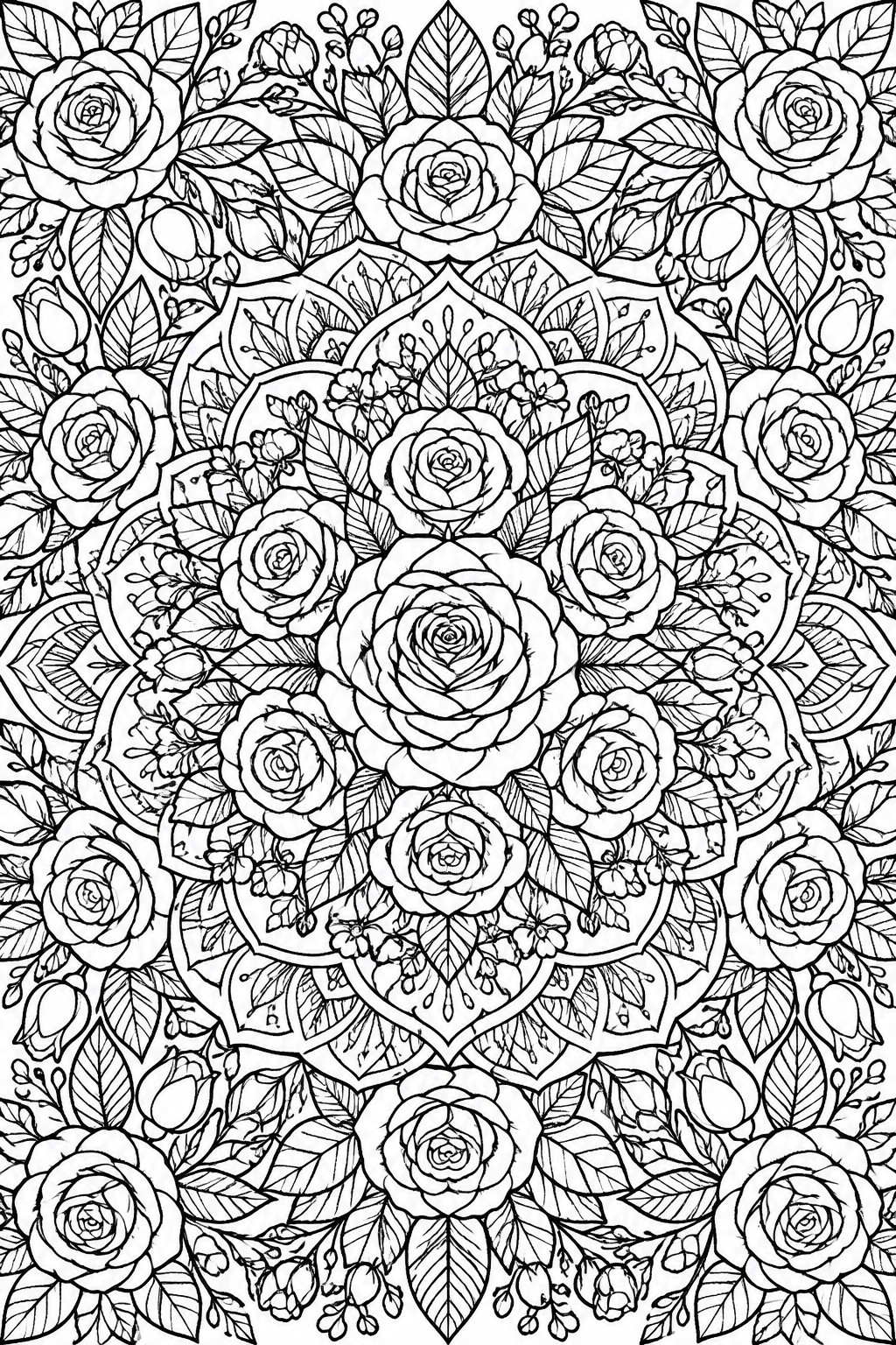 Intricate black-and-white mandala with blooming roses, buds, and layered leaf patterns.
