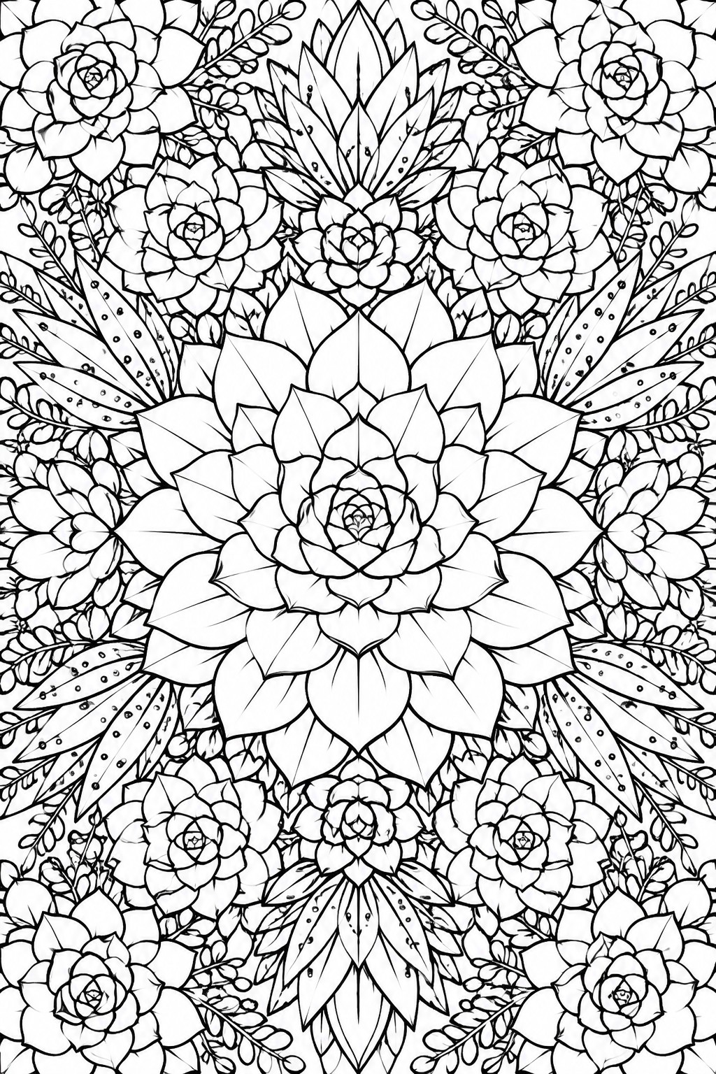 Intricate black-and-white line art of succulents, roses, and leaves in a dense pattern.