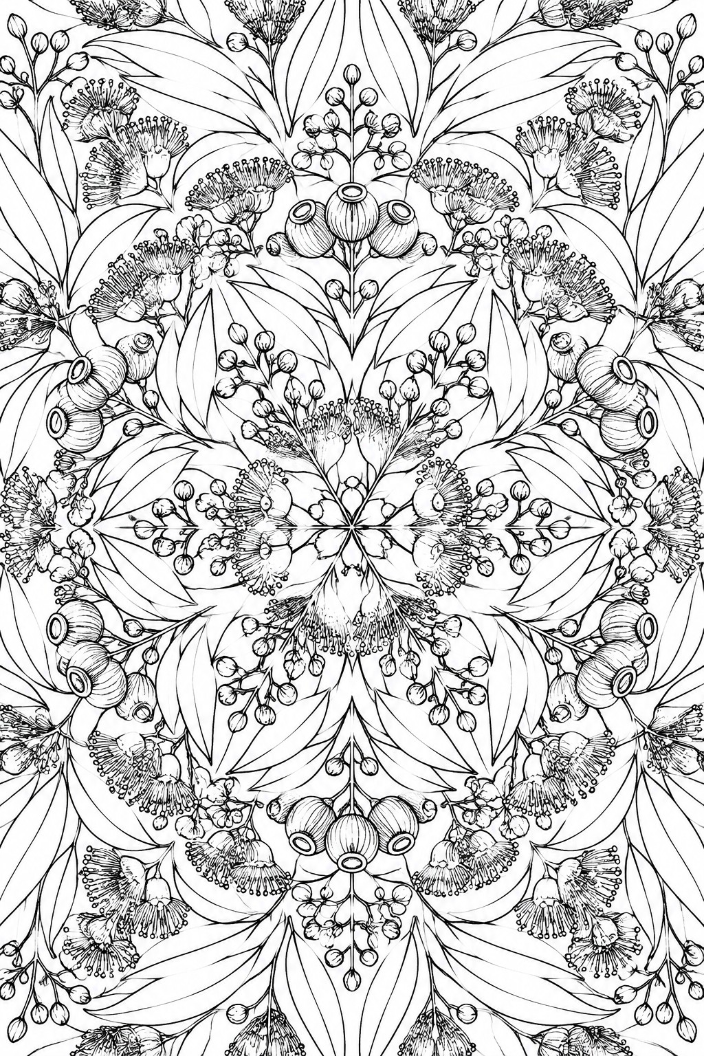 Intricate black and white floral mandala with leaves, blossoms, and seed pods