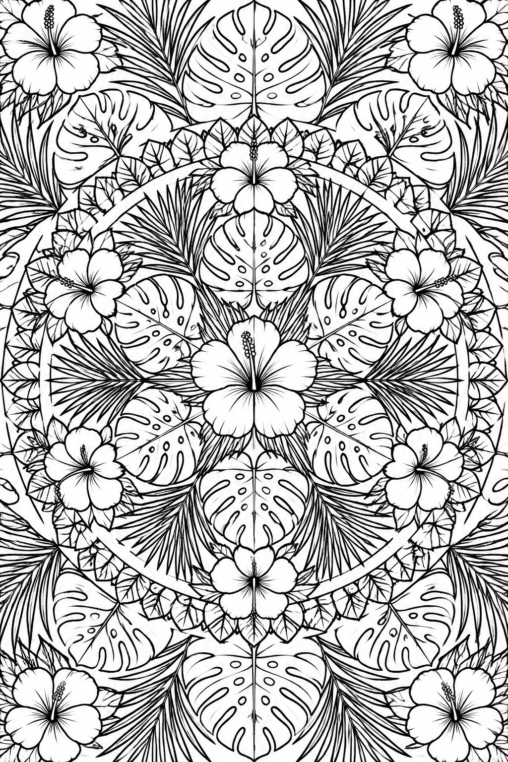 Symmetrical black-and-white mandala of hibiscus flowers and monstera leaves