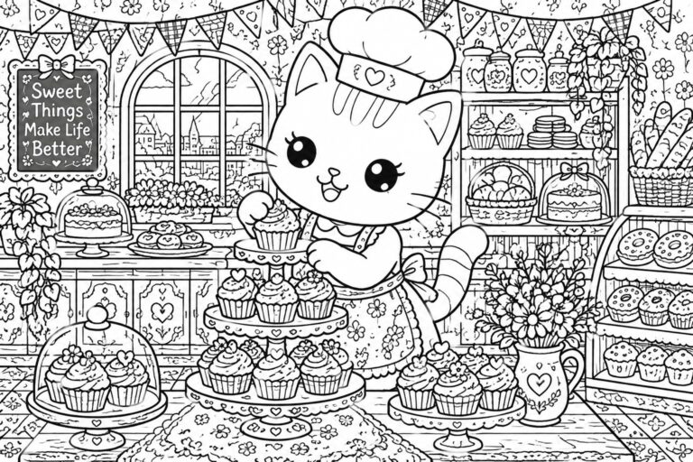 20 Playful Kawaii Coloring Pages for Adults With Cute Characters and Detailed Scenes A black and white line drawing of a kawaii cat in a chef hat and apron decorating cupcakes on tiered stands inside a bakery with shelves of pastries and cakes.