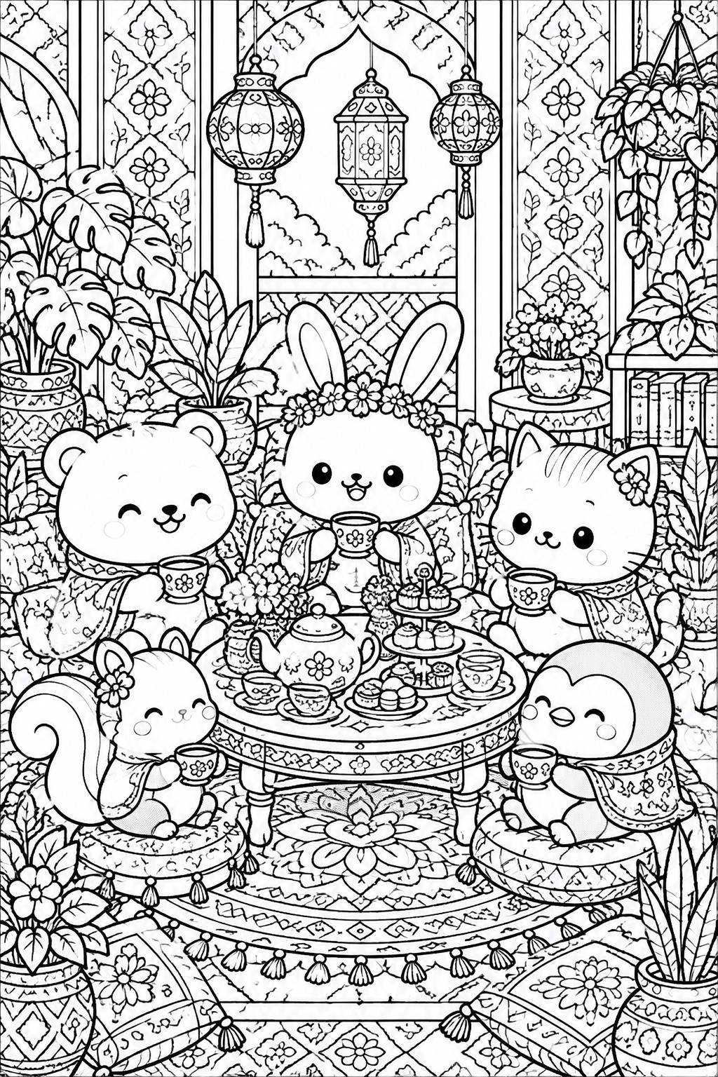 Black and white line art of five cute animals at a tea party table surrounded by lanterns, plants, and patterned rugs.