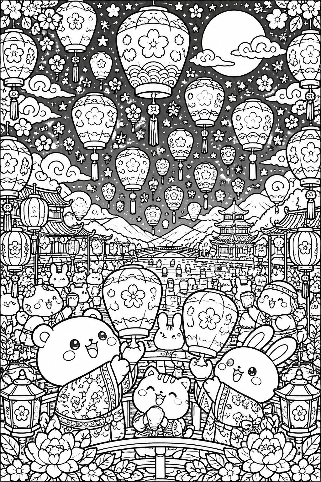 Coloring page of cute animals in kimonos holding lanterns under a full moon with Japanese pagodas.