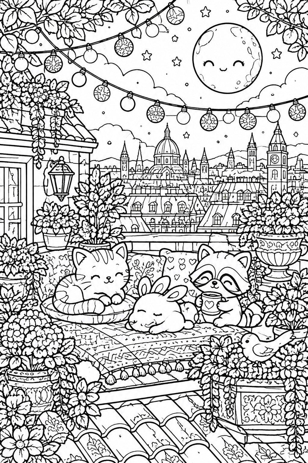 Line drawing of sleeping cat, bunny and raccoon on rooftop under smiling moon and city skyline
