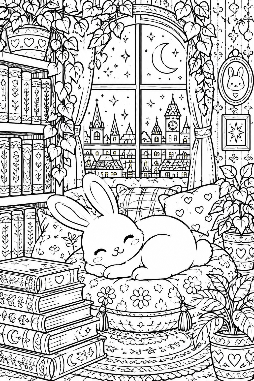 Sleeping bunny on cushion by window overlooking moonlit castle city with books and plants