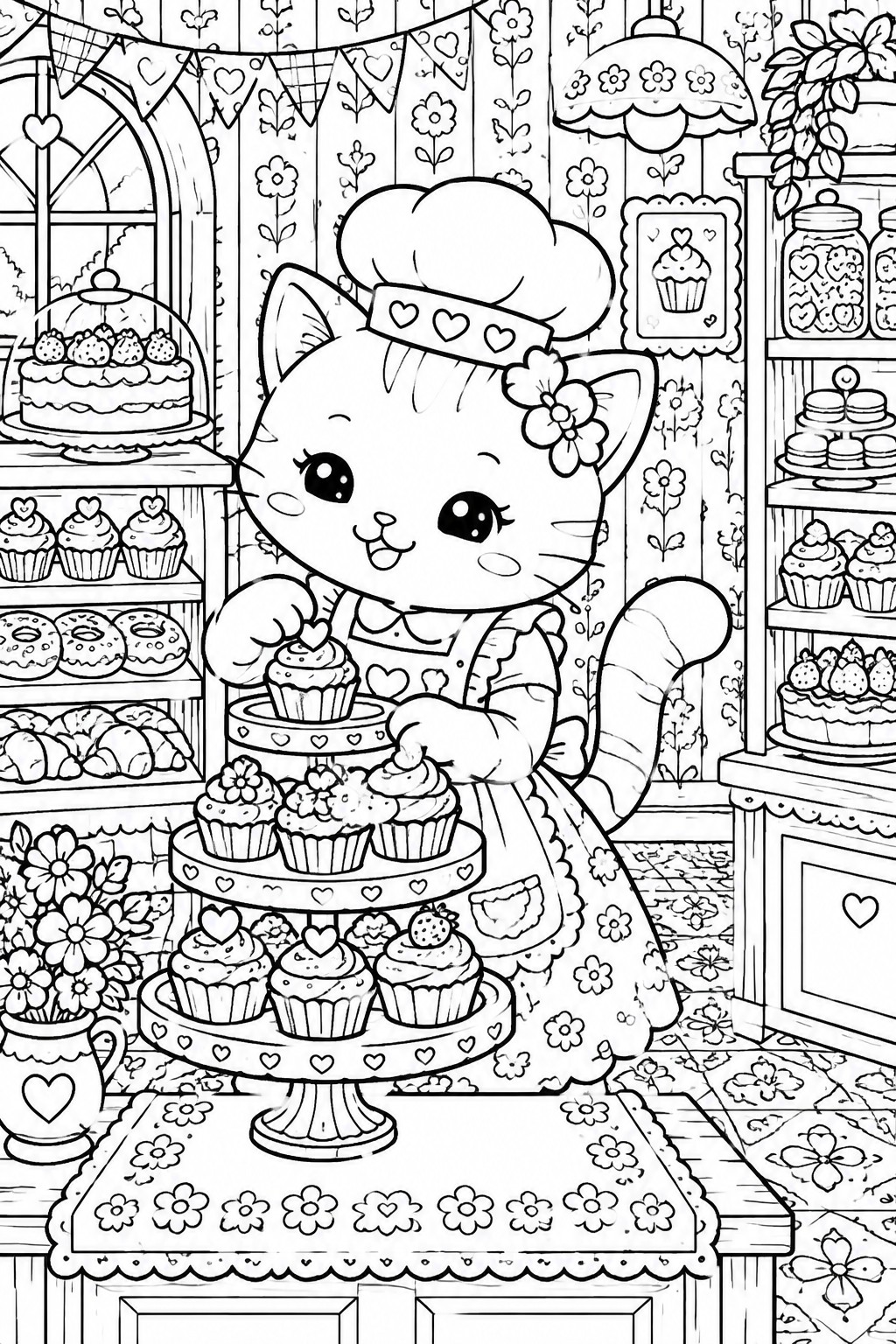 A black and white line drawing of a kawaii cat in a chef hat and apron decorating cupcakes on tiered stands inside a bakery with shelves of pastries and cakes.