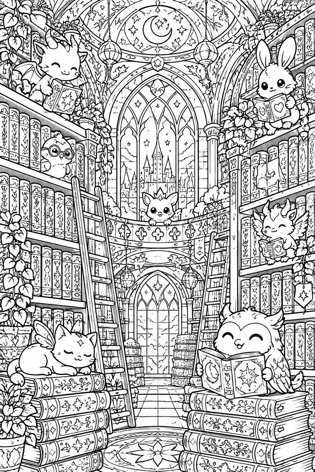 Coloring page of cute fantasy creatures reading books in a magical library with ladders and castle view