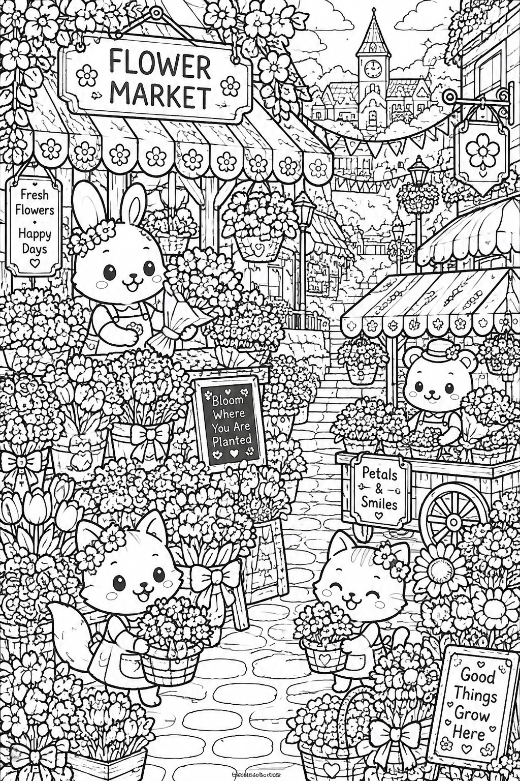 Cute animals selling flowers at a whimsical market with signs and stalls