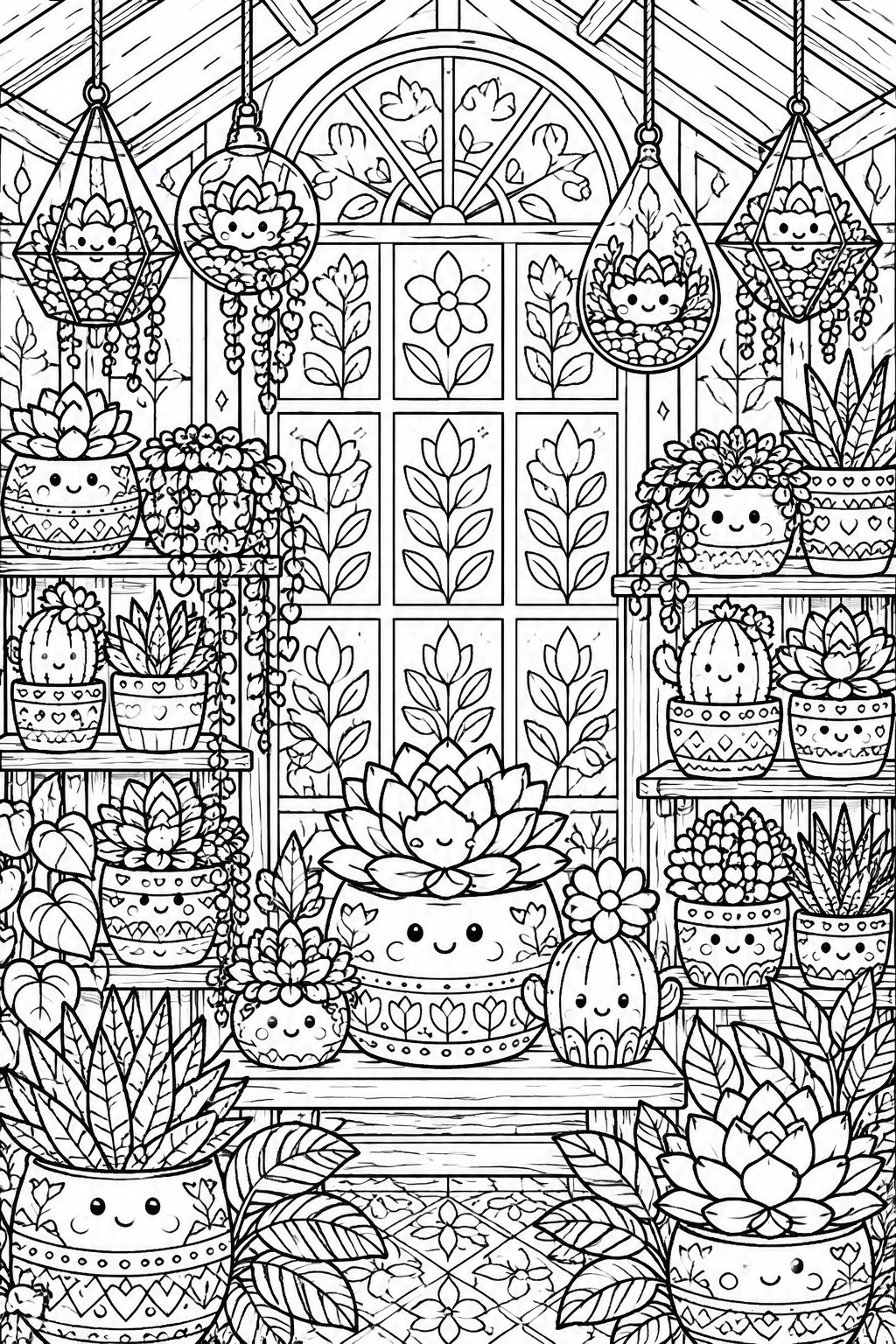 Coloring page of cute faced succulents and cacti on greenhouse shelves with hanging planters.