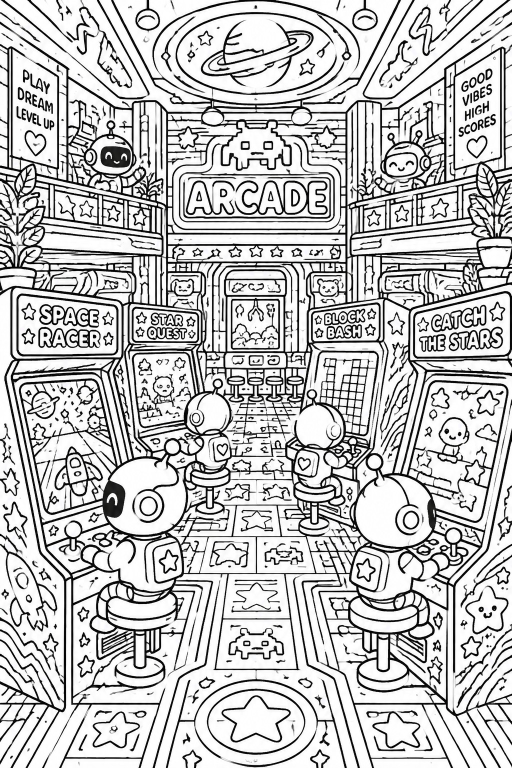 Coloring page of cute robots playing space-themed arcade games with starry decor.