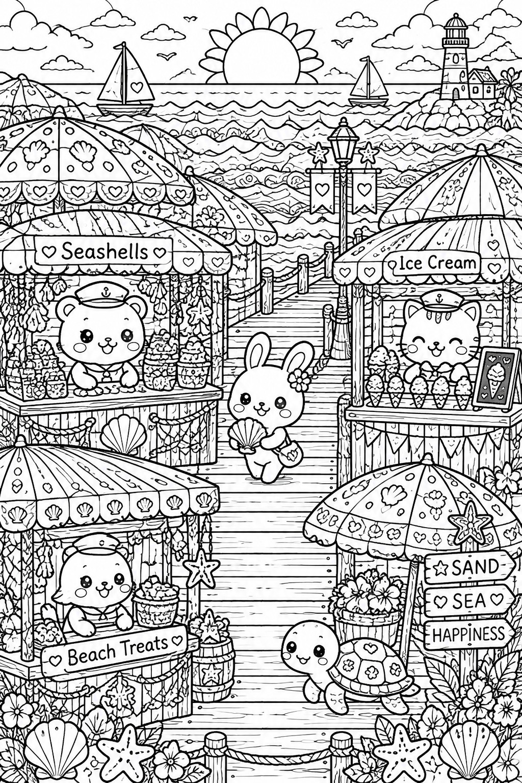 Kawaii animals at beach boardwalk stalls selling ice cream, shells, and treats