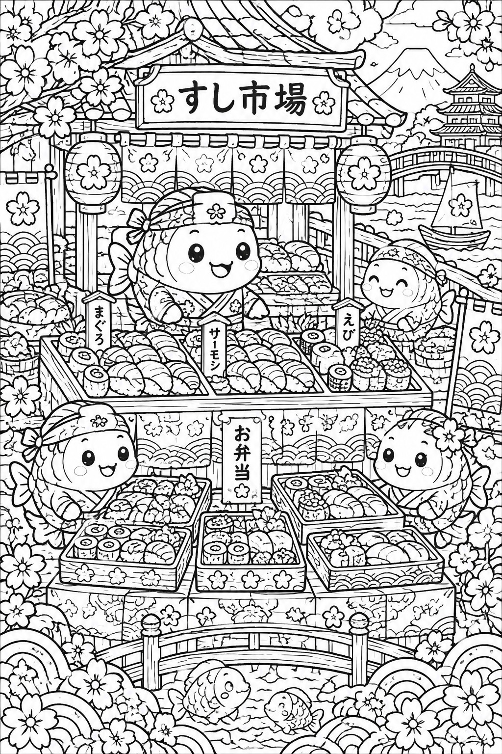 Coloring page of cute fish vendors selling sushi at a Japanese market with lanterns and blossoms