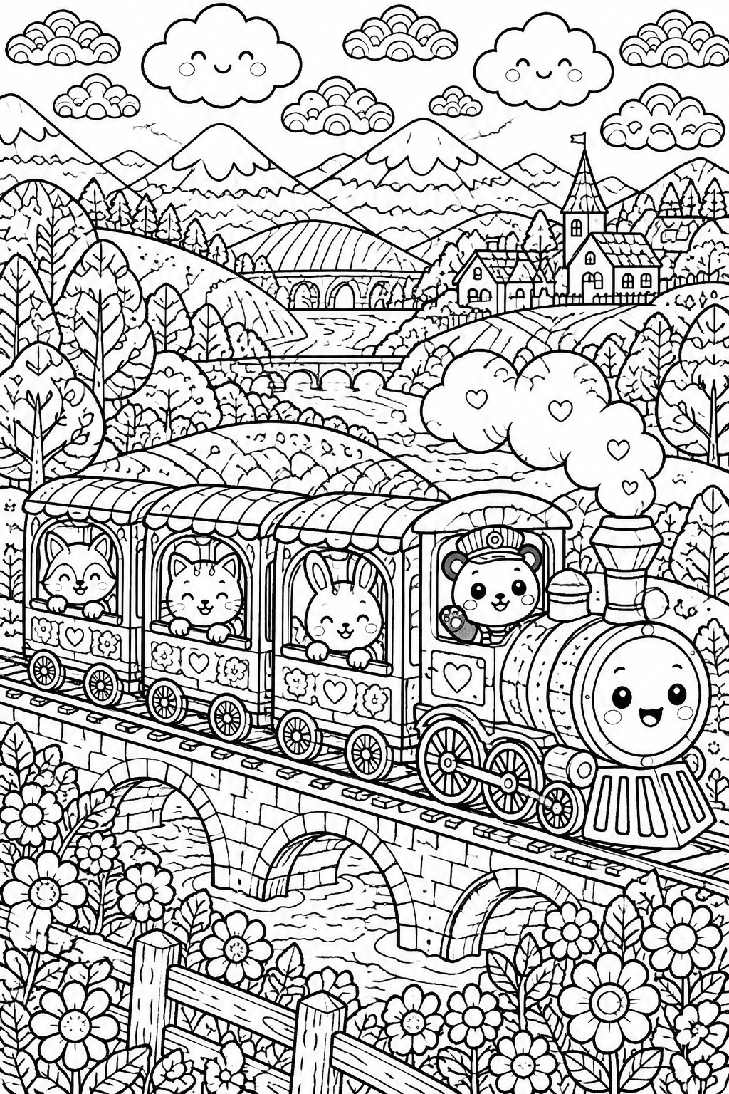 Black and white kawaii coloring page of a cute train with animal characters crossing a bridge in a mountain landscape with flowers and clouds.