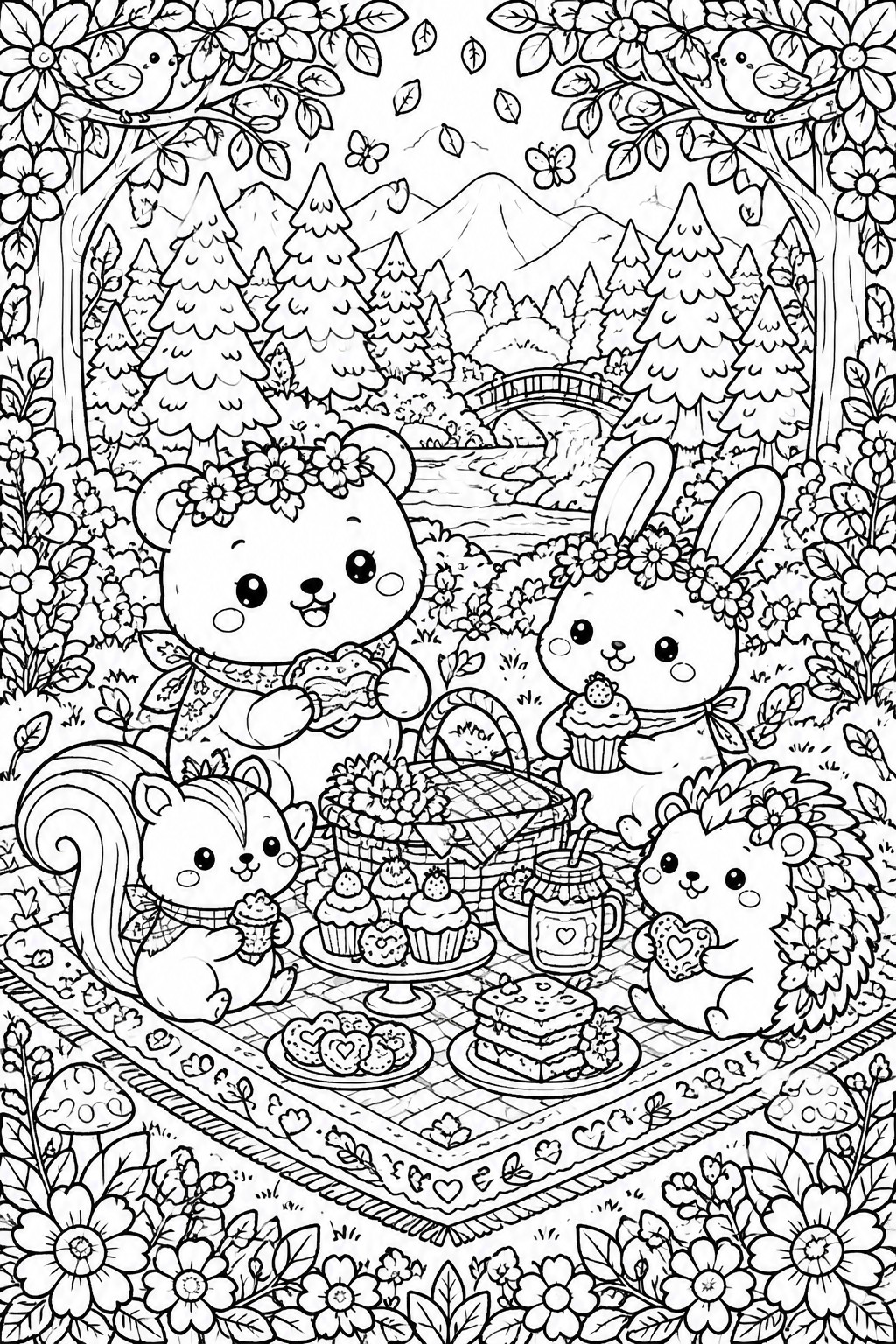 Black and white line art of kawaii animals at a forest picnic with cupcakes, a basket, flowers, trees, a river, and mountains.