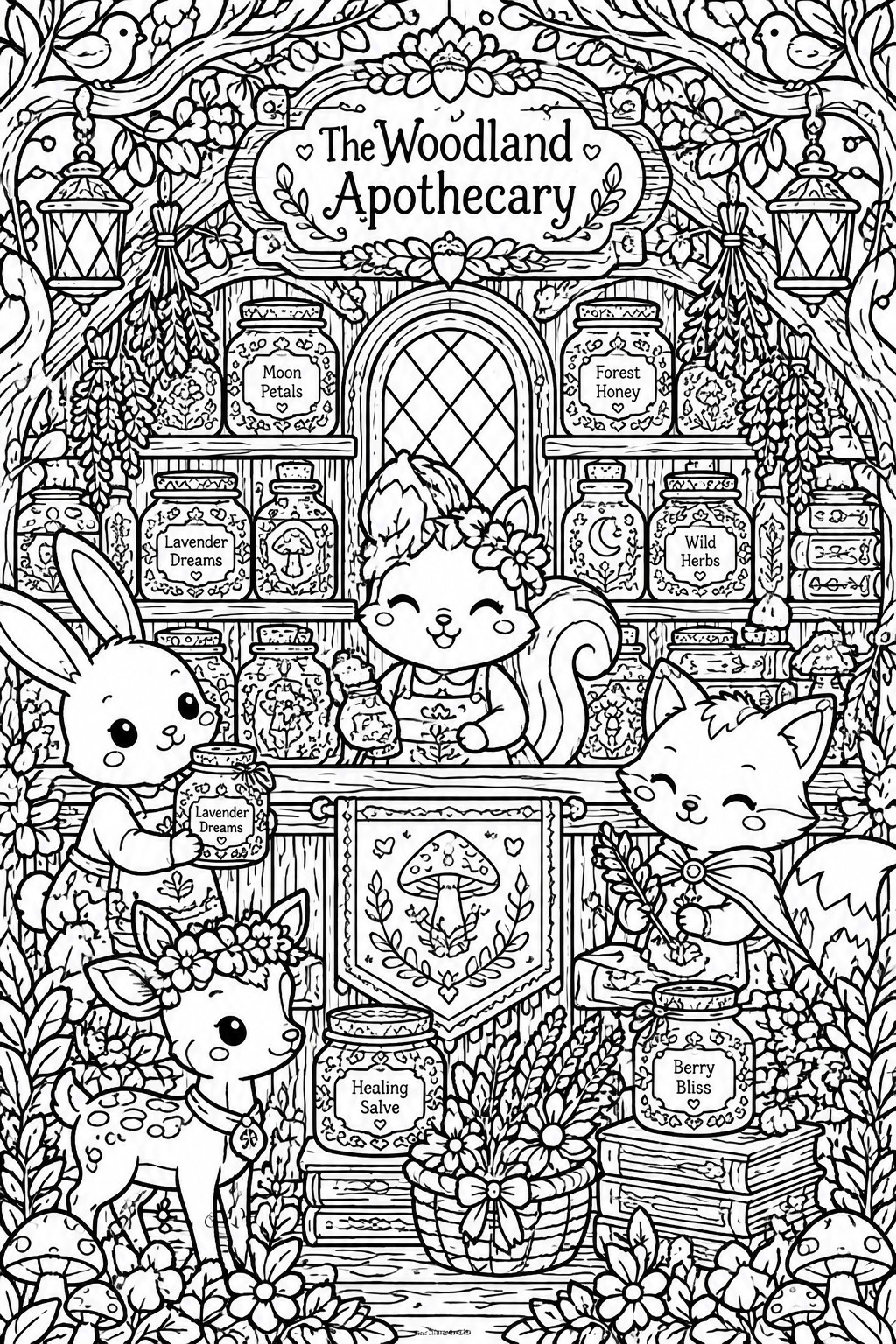 A black and white coloring page of cute woodland animals inside an apothecary shop with shelves of labeled jars, hanging plants, lanterns, and forest details.