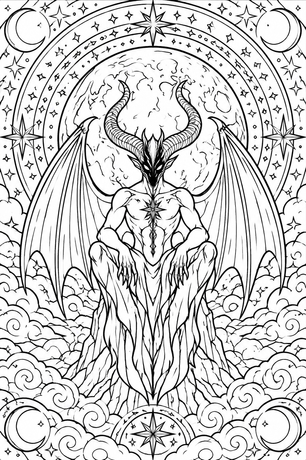 Horned winged demon sits on clouds beneath starry celestial sky in line art