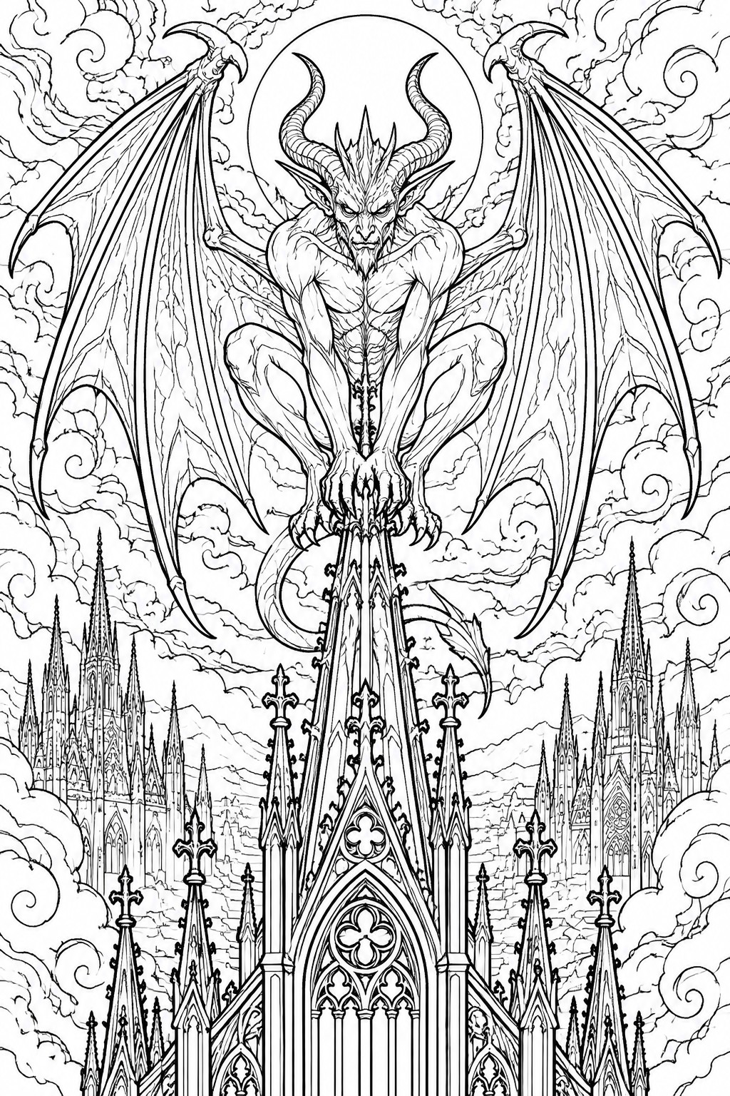 Horned winged demon perched on gothic cathedral spire under cloudy skies