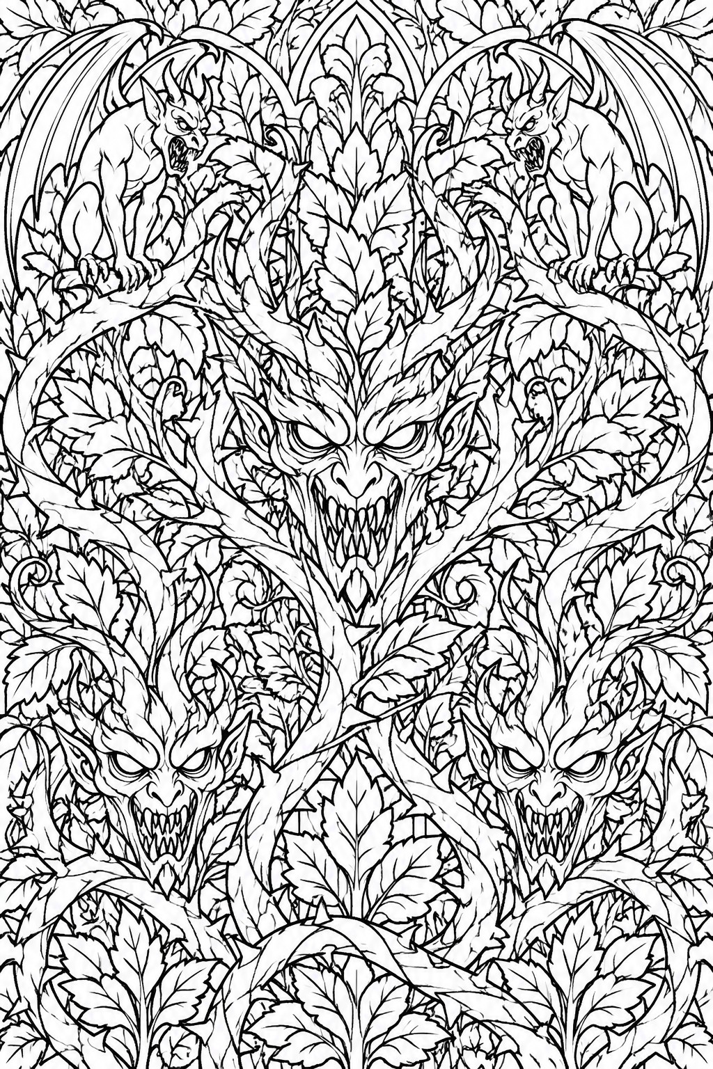 Intricate black-and-white line art of demonic creatures amid dense swirling foliage