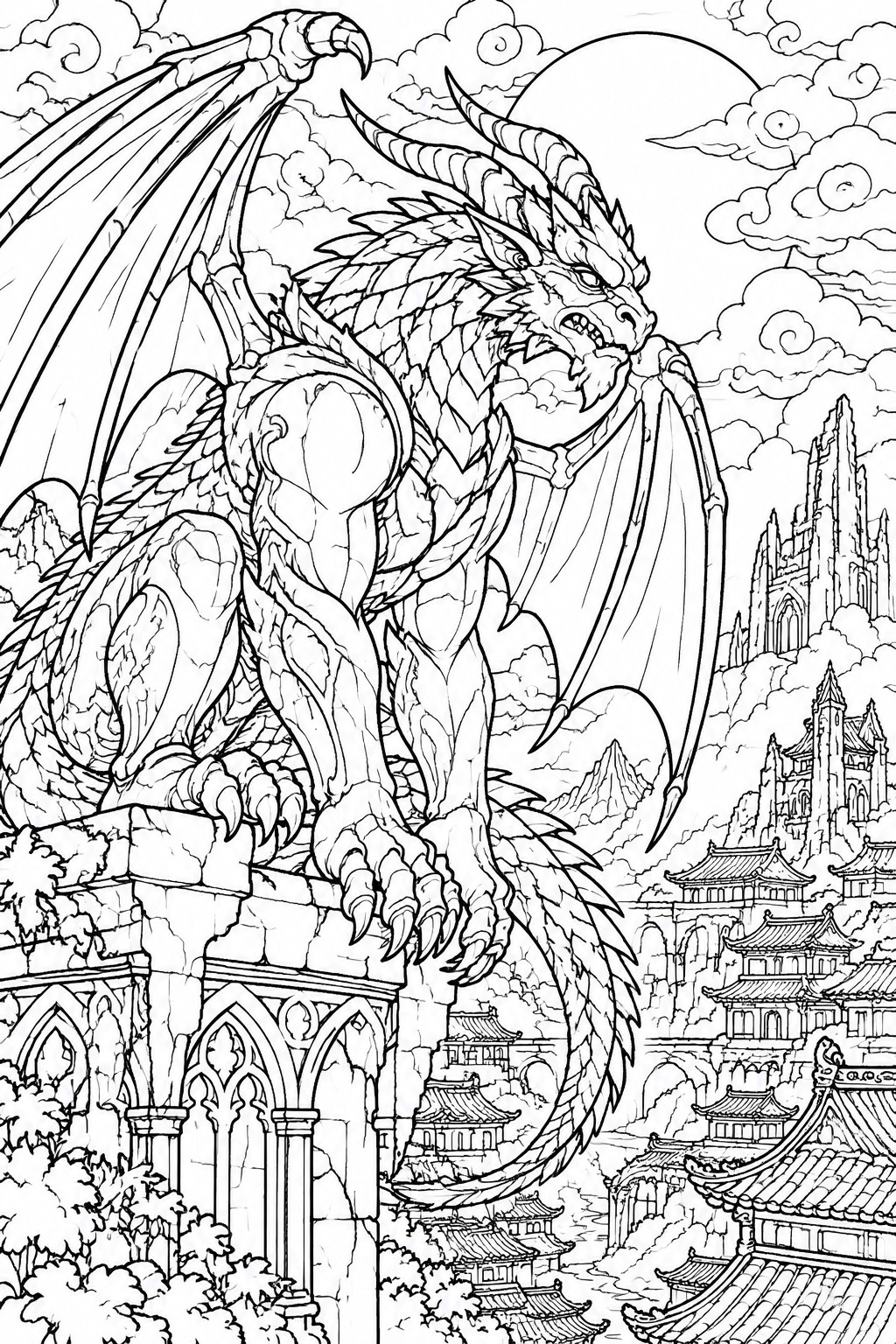 A line drawing of a large dragon with wings spread perched on stone ruins overlooking a detailed fantasy city with a full moon in the sky.