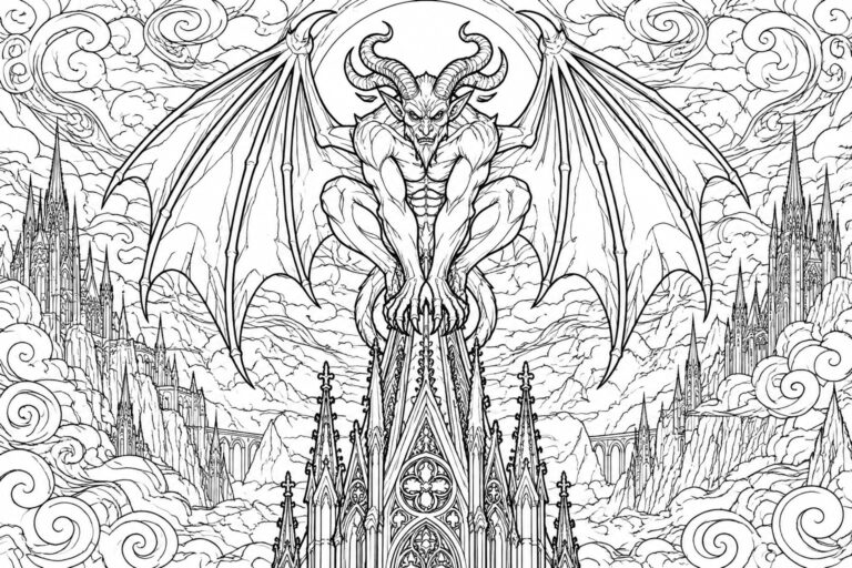 20 Scary Dark Fantasy Coloring Pages for Adults Filled With Demons and Gargoyles Horned winged demon perched on gothic cathedral spire under cloudy skies