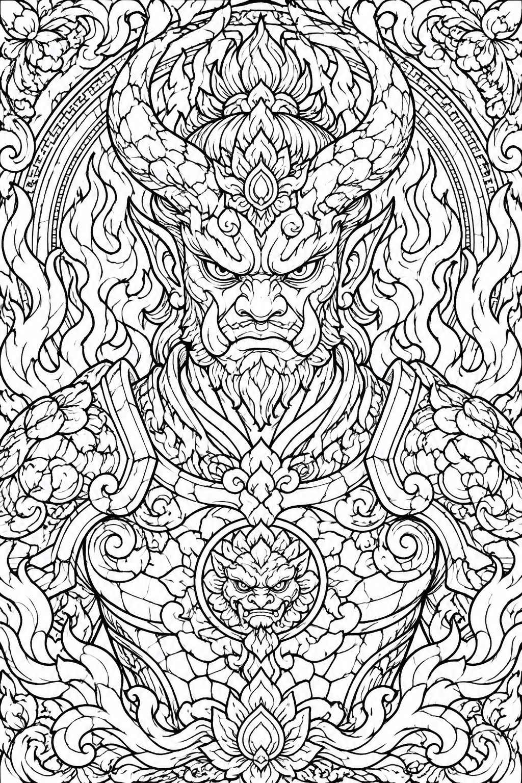 A black and white line drawing of a horned demonic warrior with flames and ornate patterns in a circular design.