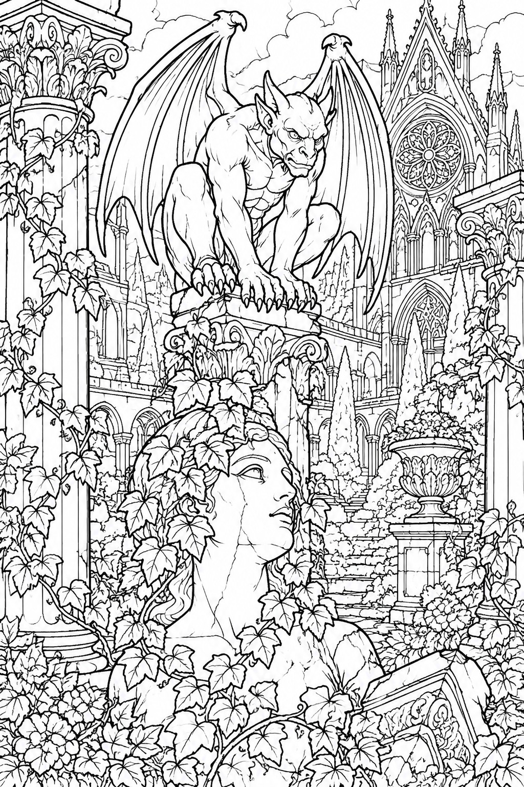 Gargoyle with spread wings perched on pedestal amid vine-covered gothic ruins