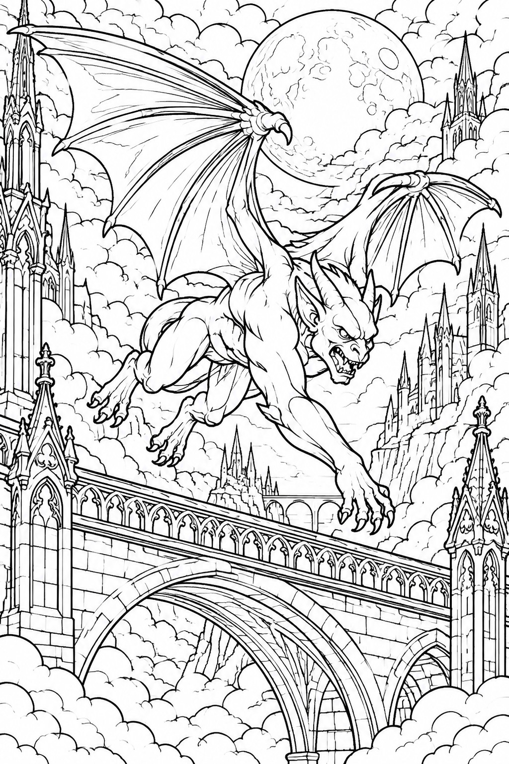 Fierce dragon with spread wings flies over gothic castle bridge under full moon