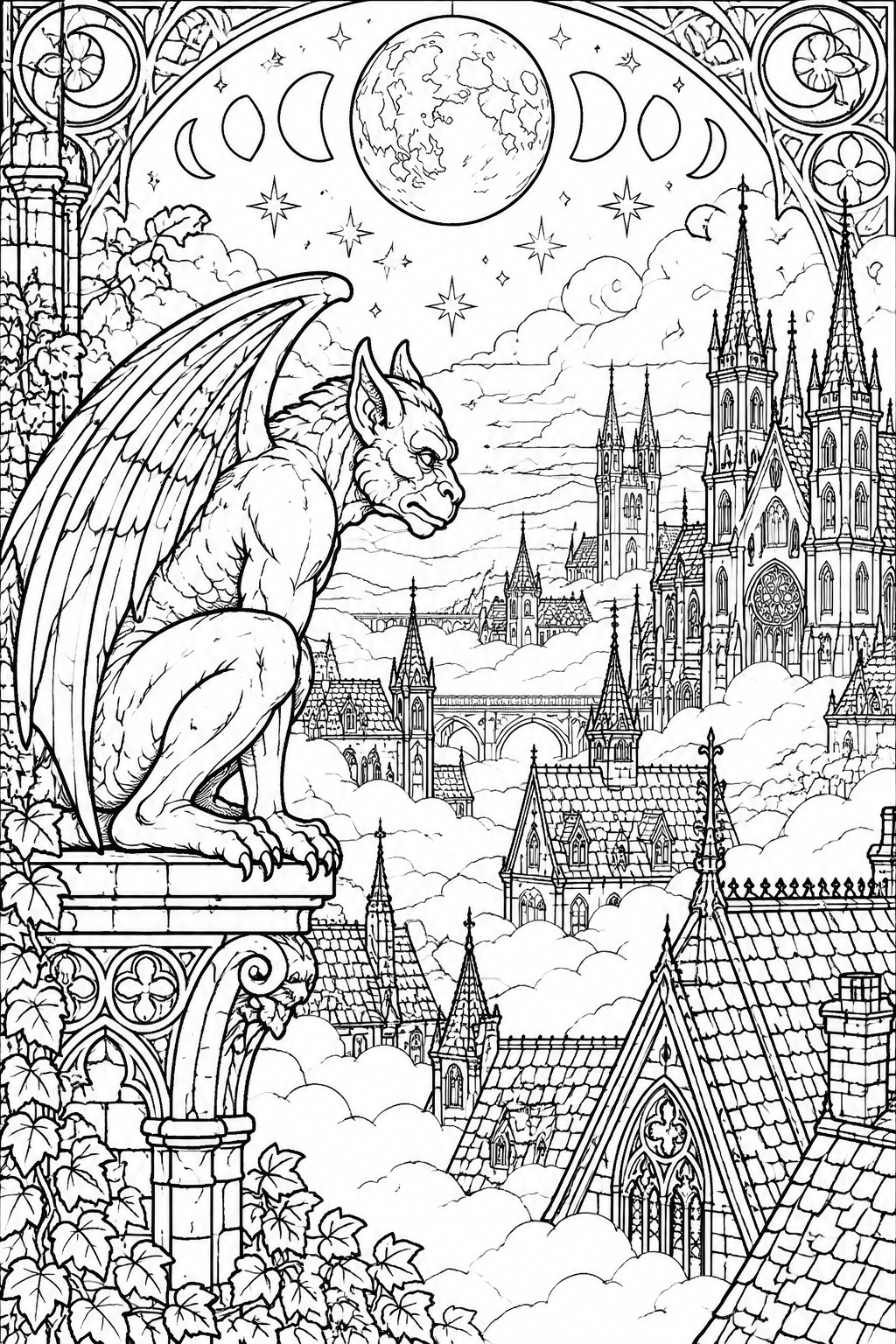 Detailed black-and-white line art of winged gargoyle overlooking gothic fantasy city under full moon