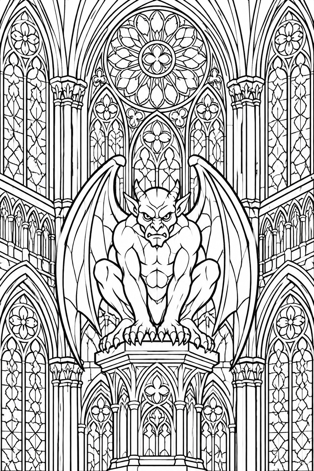 Muscular winged gargoyle with horns and claws perched before ornate Gothic stained glass windows