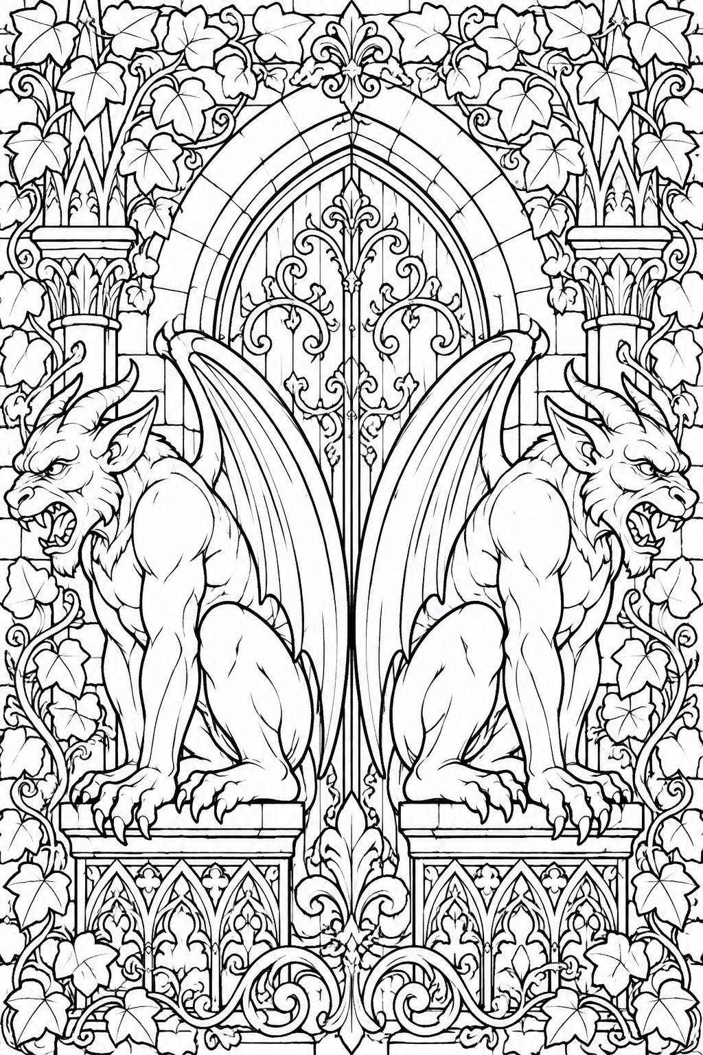 Two gargoyles flank an ornate gothic door with ivy vines in a detailed coloring page.