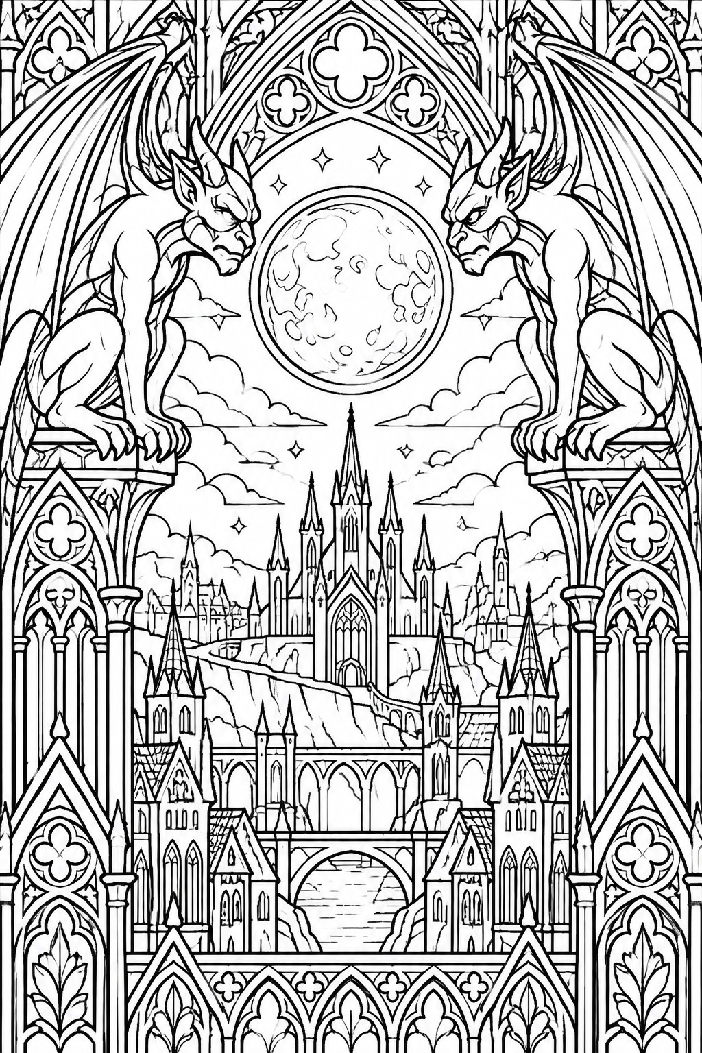 Two gargoyles perch on gothic arches above a moonlit fantasy castle cityscape