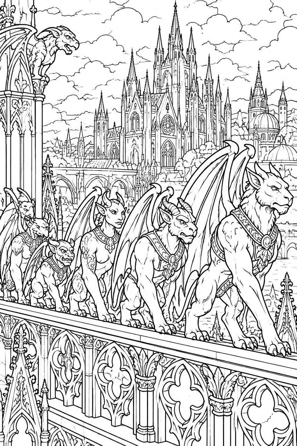 Fantasy gargoyles perch on ornate gothic cathedral balcony with castle spires behind