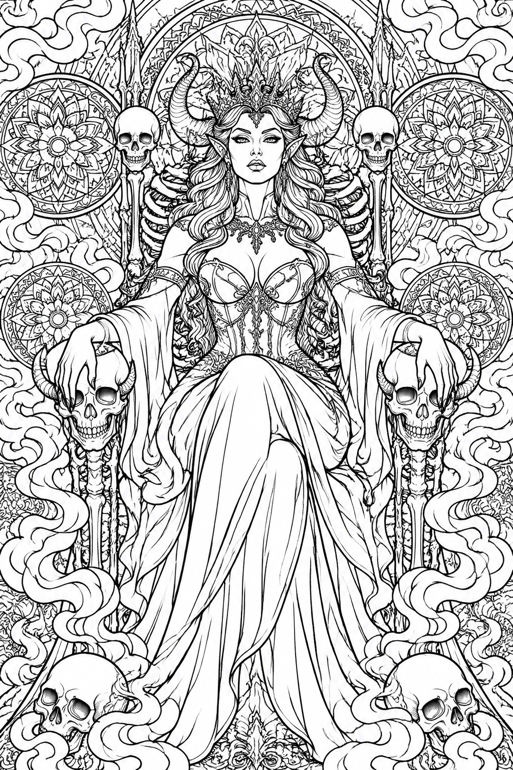 Horned fantasy queen on throne gripping skulls amid skeletons and ornate mandalas in line art