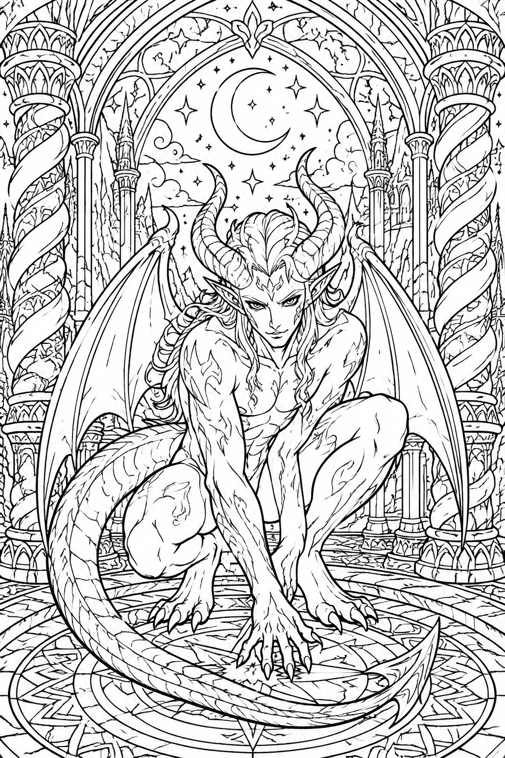 Horned winged dragon demon crouches in ornate gothic hall under crescent moon