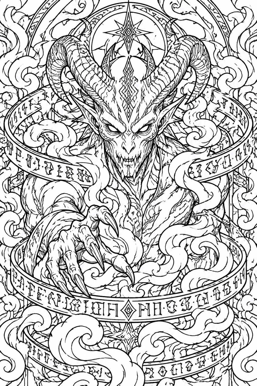 A black and white line art of a horned demon with claws surrounded by ornate circular bands containing symbols and smoke patterns.