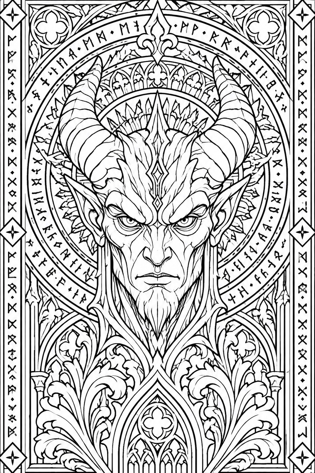 Fierce horned demon in ornate gothic frame with circular runes and arches.