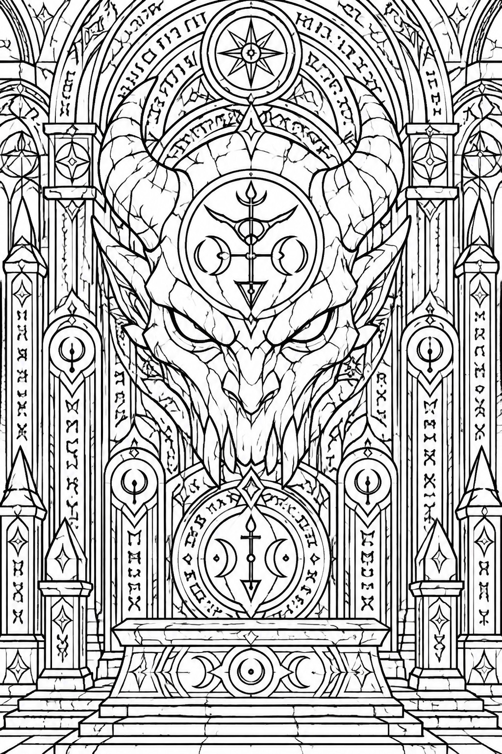 A black and white line art coloring page shows a horned demonic creature with wings centered under an ornate arch with runes, symbols, and a pedestal base.