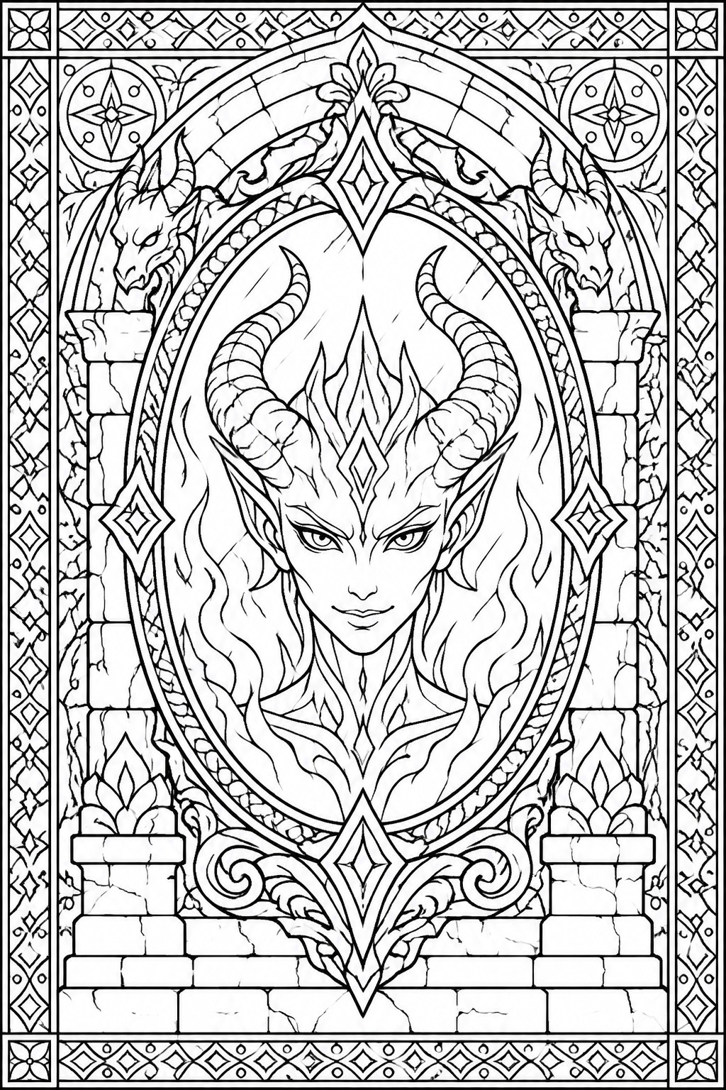 Intricate fantasy line art of horned demoness with dragons in ornate stone frame