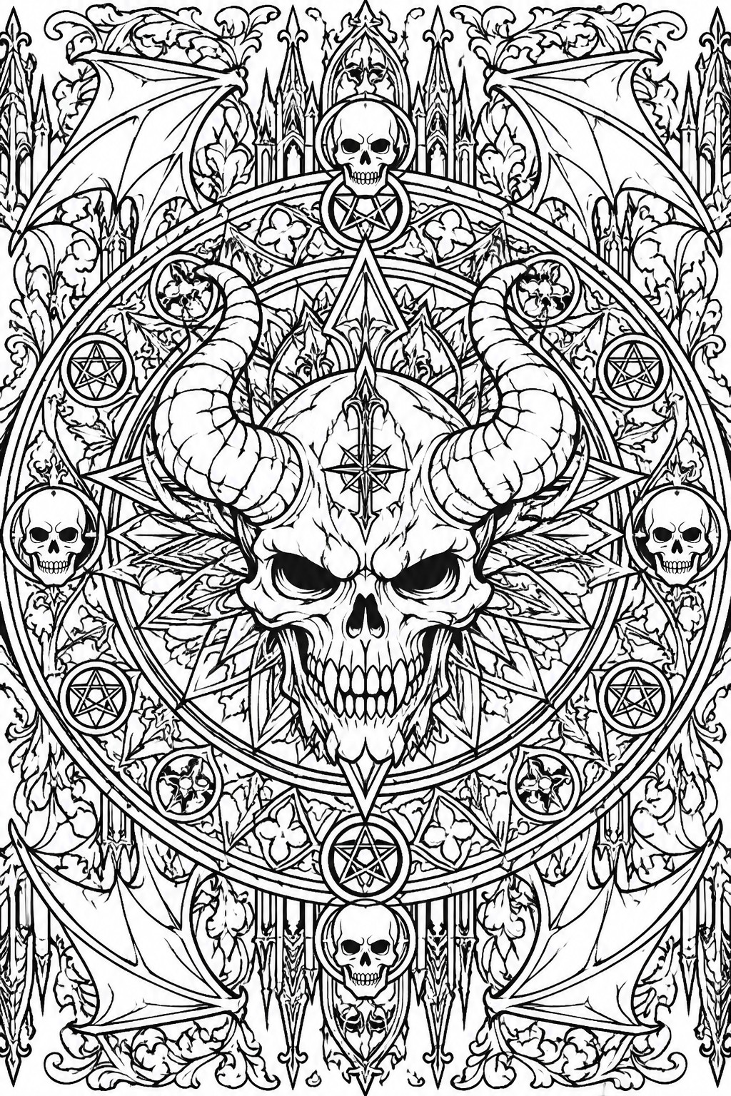 A highly detailed black and white coloring page shows a central horned skull with a star on its forehead inside a large circle containing smaller skulls, pentagrams, and bat wings.