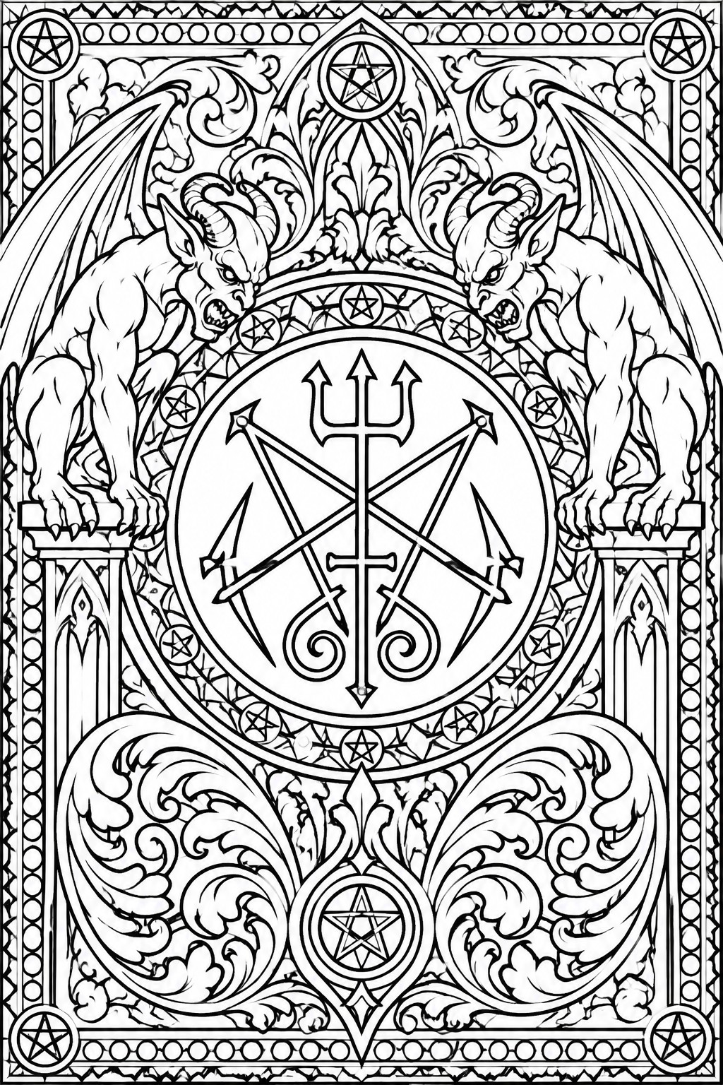 Two horned winged demons flank an occult sigil ringed with pentagrams in ornate line art.