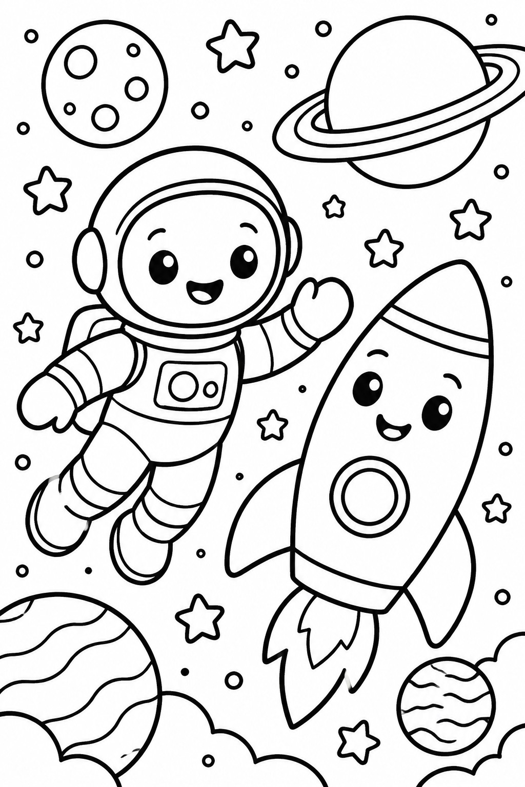 Cheerful astronaut waving beside a smiling rocket amid planets and stars.