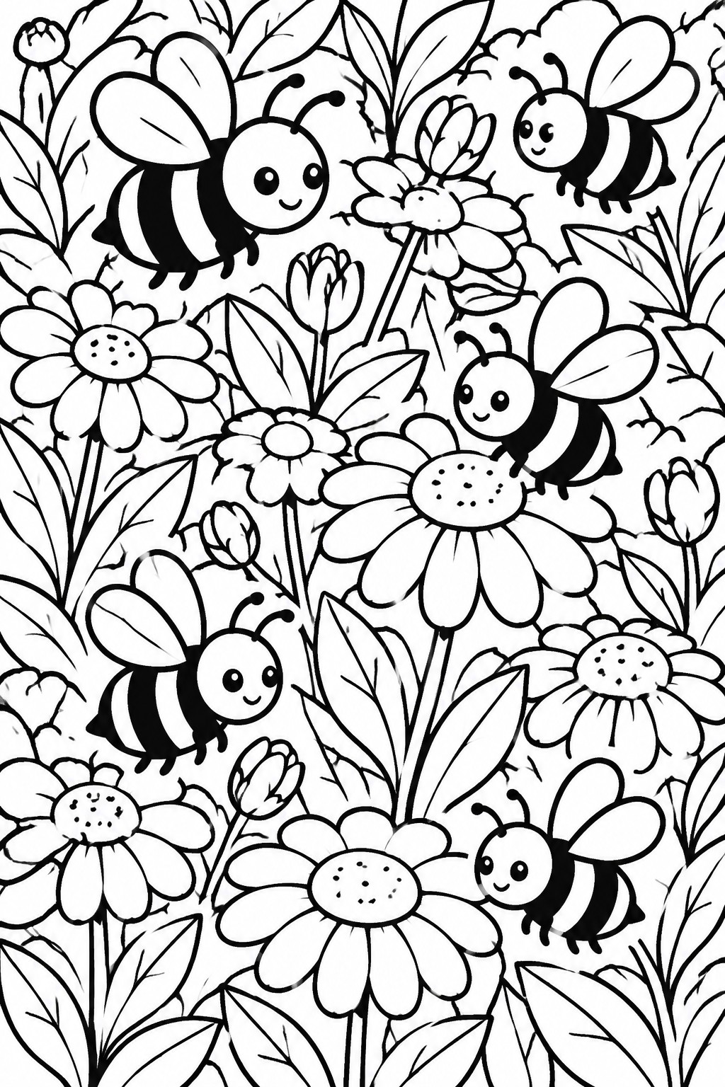 Coloring page with cartoon bees flying among daisies, buds and leaves