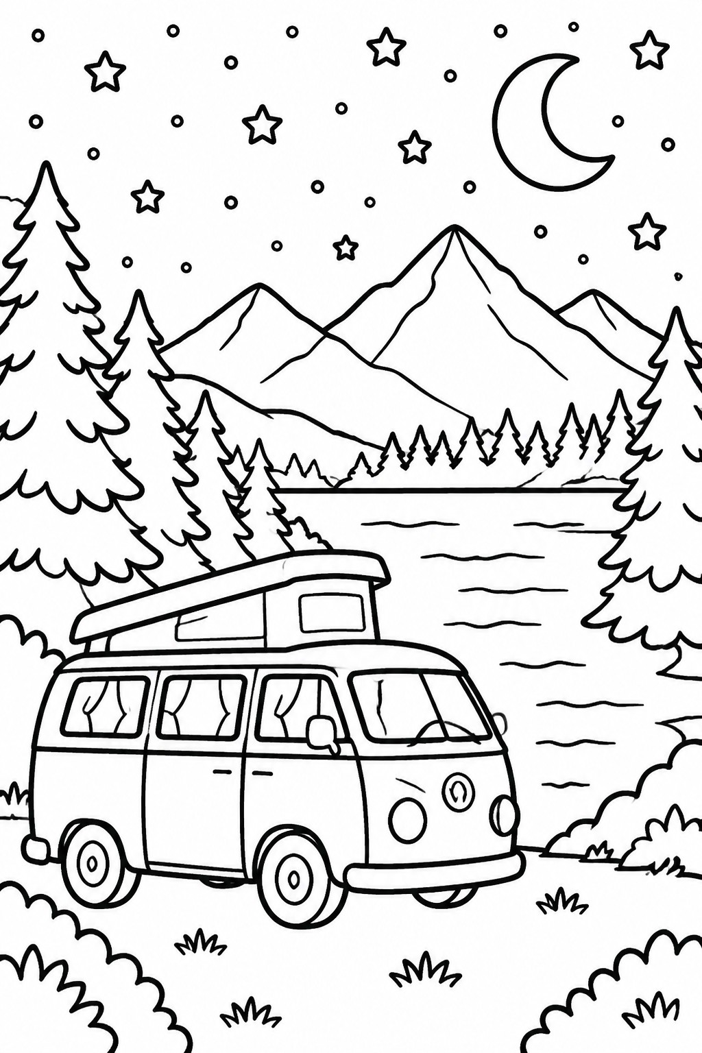 Line drawing of camper van by lake with mountains, trees, moon and stars.