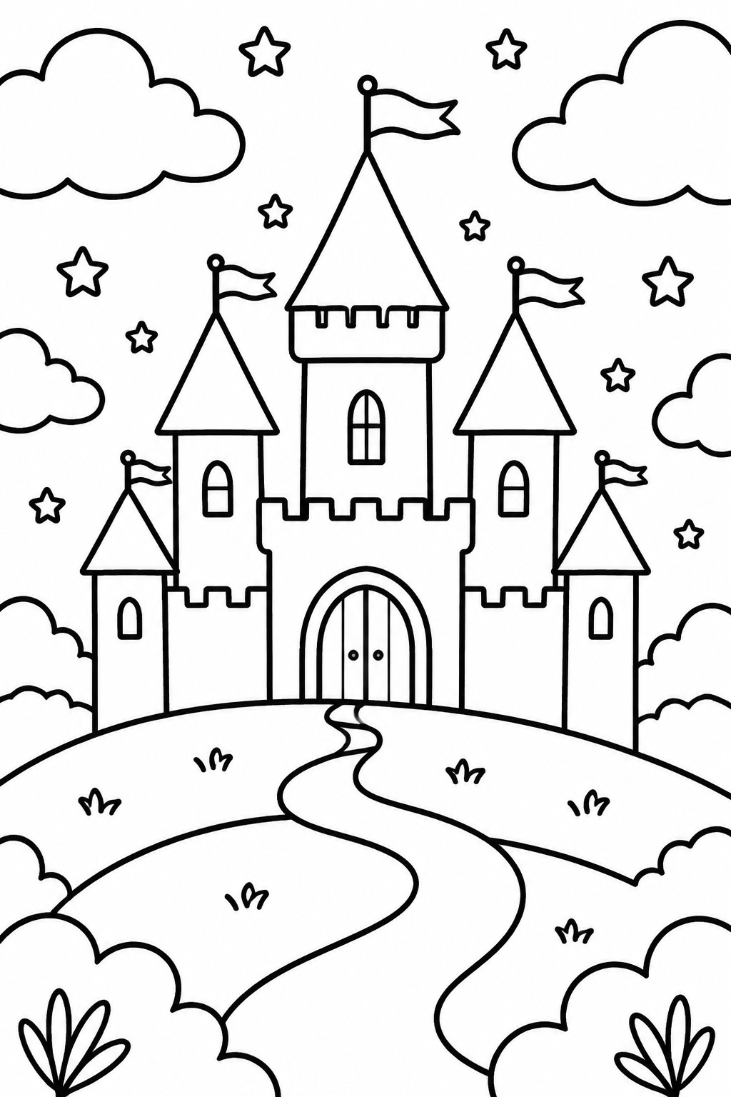 Line art of a fairy-tale castle with towers, flags, winding path, stars, and clouds