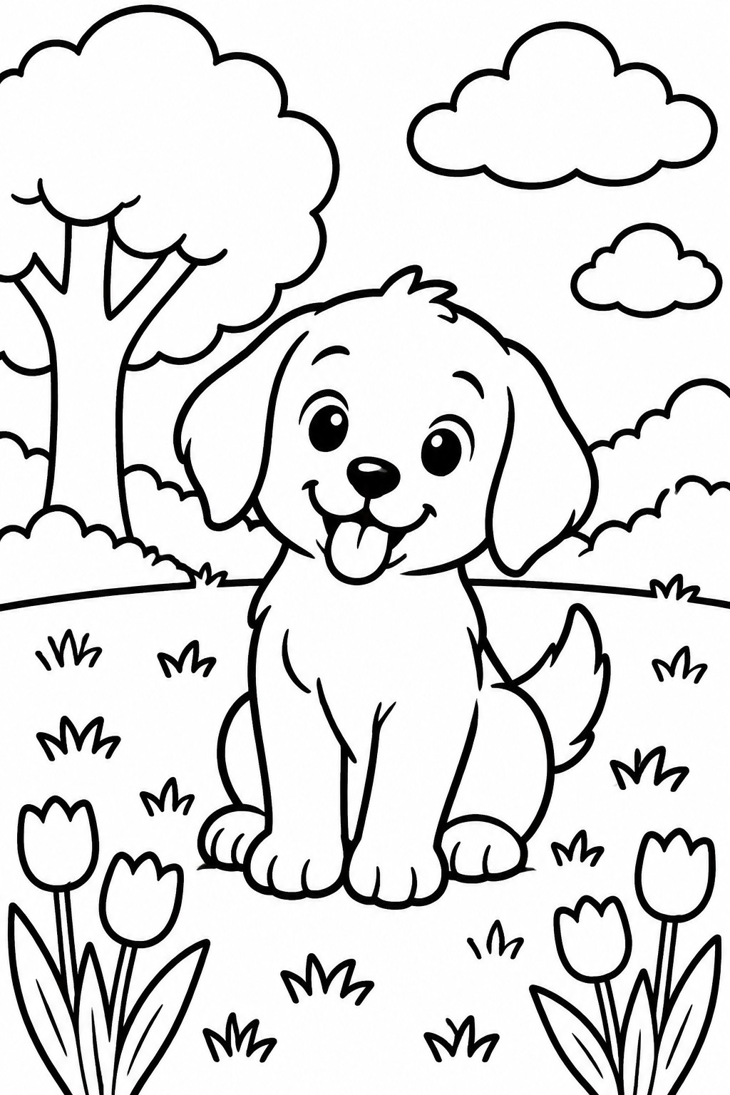 Cartoon puppy with tongue out sitting among tulips, trees, and clouds in black and white line art.
