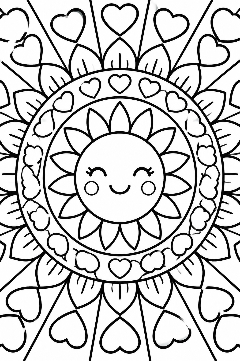 Mandala coloring page with smiling sun, hearts, clouds, and leaf patterns