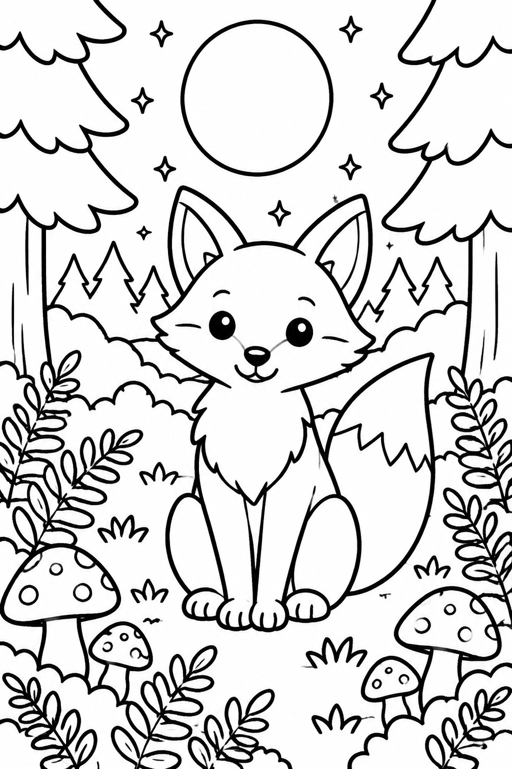 Line drawing of a cartoon fox sitting in a forest with trees, mushrooms, leaves, moon and stars.